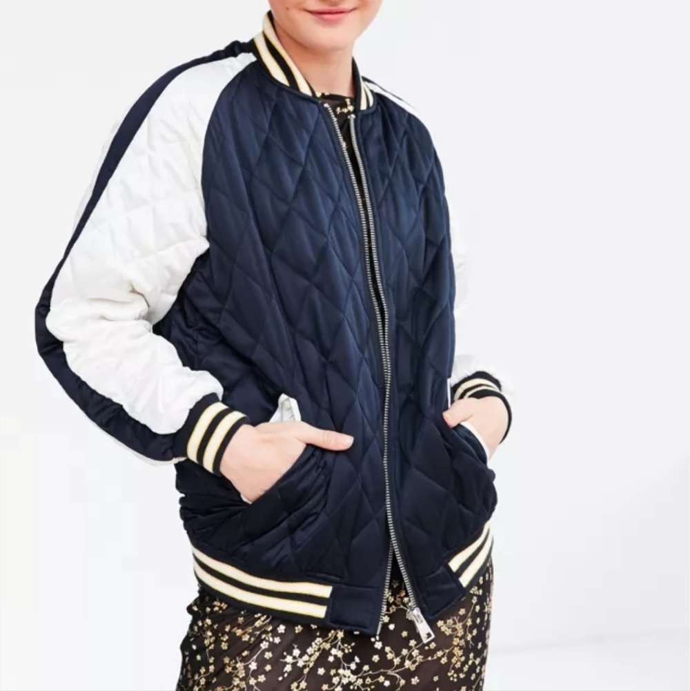 Silence + Noise Quilted Satin Varsity Bomber Jacket Size Large Womens